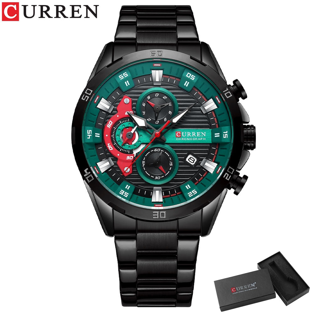 CURREN Sport Watch para hombre, cronógrafo cuarzo, agua resistente, lujo, acero inoxidable, luminoso.