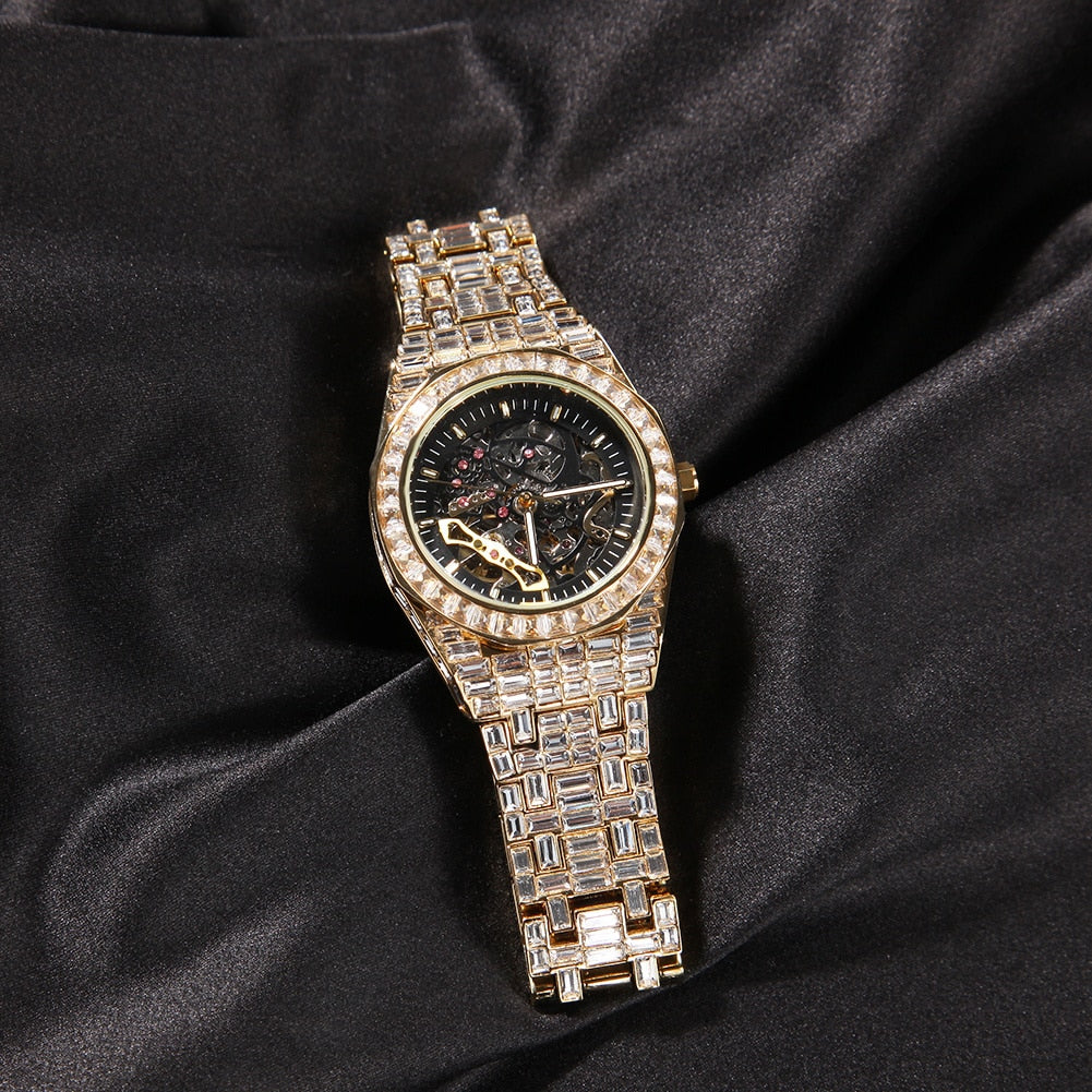 Uwin-reloj HIP- HOP totalmente mecánico de acero inoxidable para hombre, resistente al agua, con diamantes minimalistas, diseño clásico
