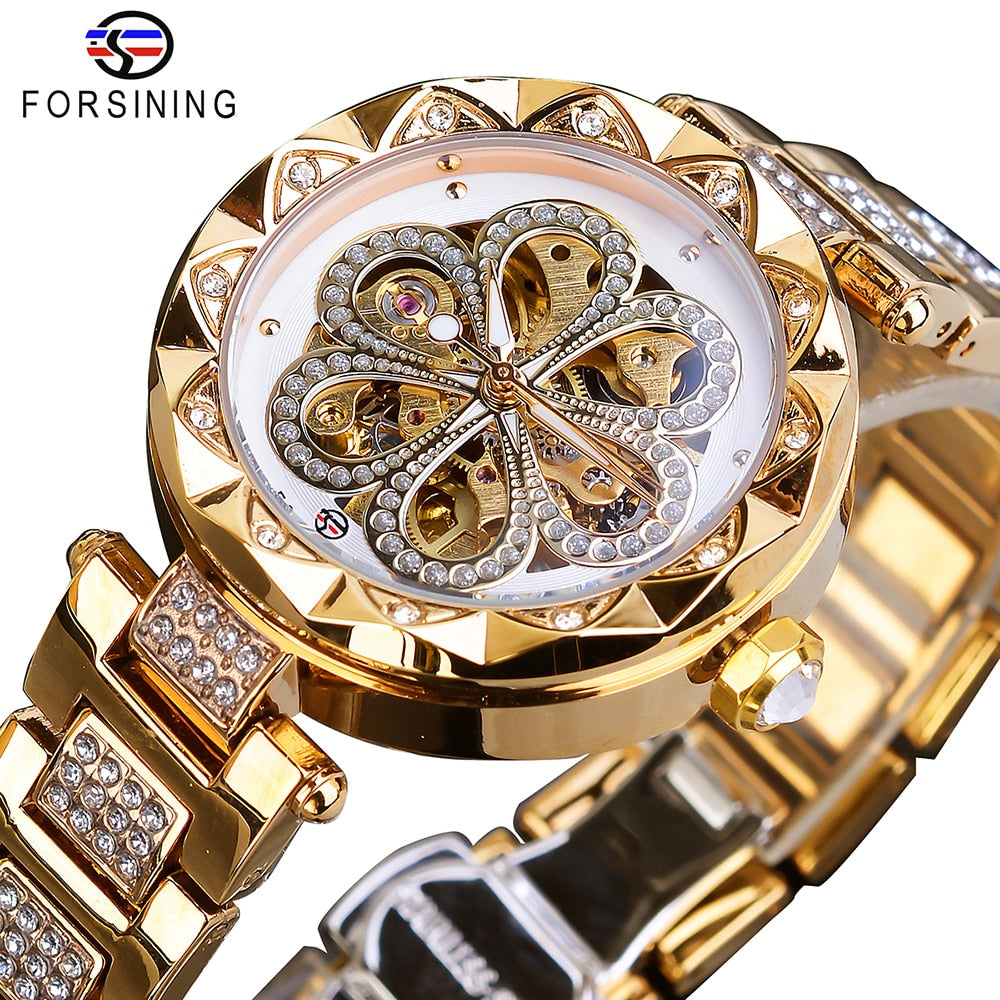 Forsining Reloj mujer, cronógrafo mecánico, resistente al agua, con diamantes y luminoso.