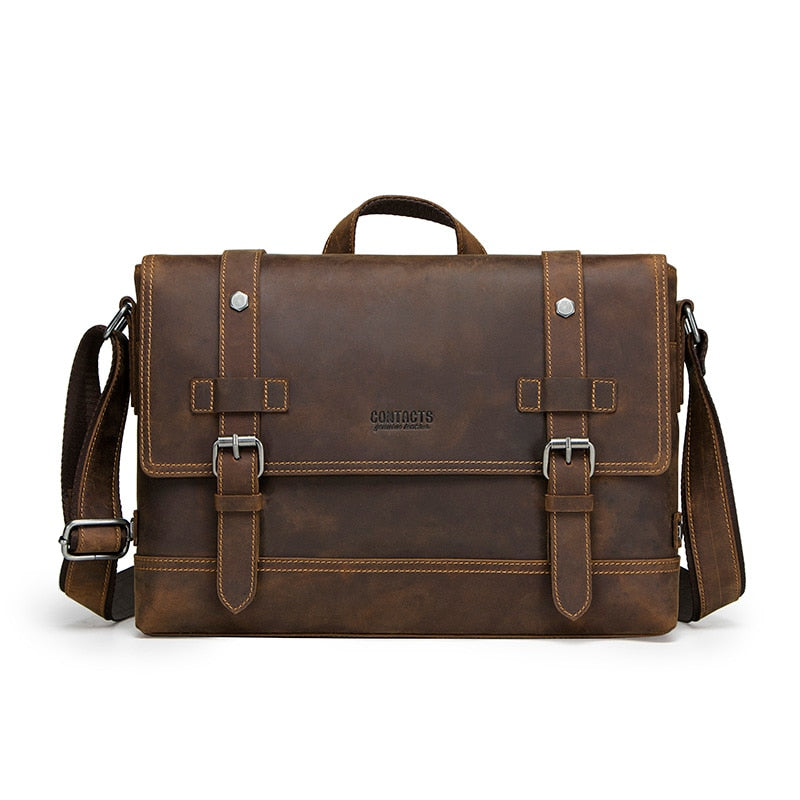 CONTACT'S-Bolso crazy horse de piel auténtica para hombre, bandolera vintage para ordenador portátil, bolso cruzado