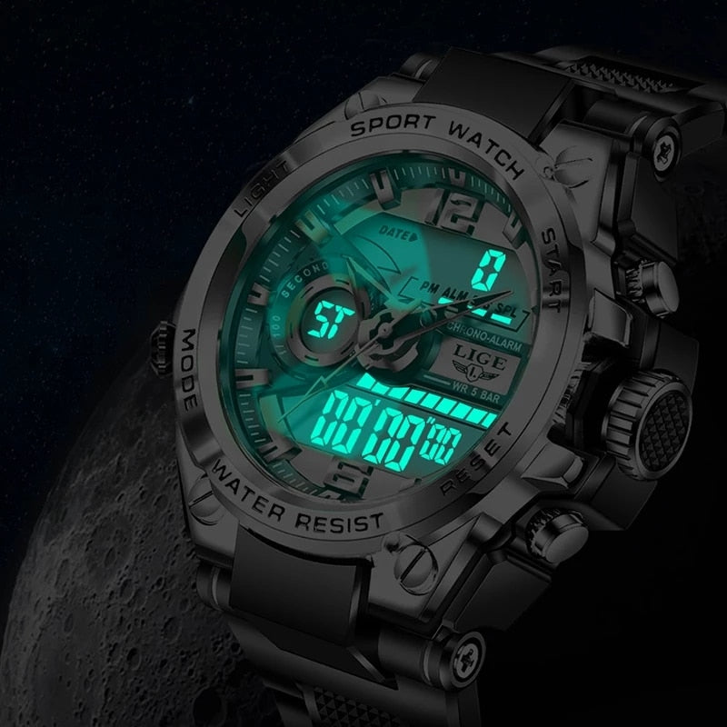 LIGE-reloj deportivo de cuarzo para hombre, cronógrafo Digital de buceo, creativo, resistente al agua, con alarma y pantalla Dual.