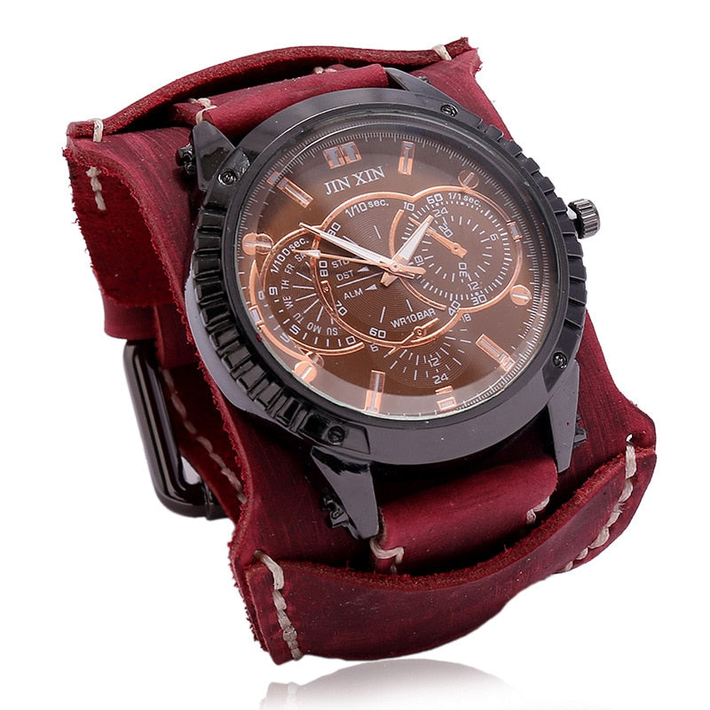 Relojes lujo hombres: cuarzo, dial grande, ver amplia, pulsera cuero, punk, deportiva, regalo.