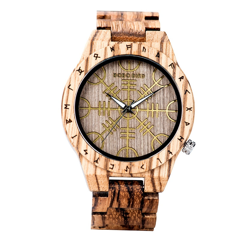 BOBO BIRD- COLECCION RUNA NORDICA  Reloj de pulsera de madera para hombre, cronógrafo de cuarzo con círculo rúnico, timón dorado, Vegvisir, a la moda, gran caja de regalo