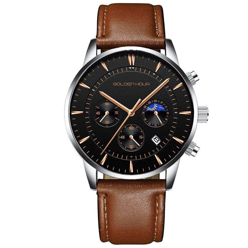 GOLDENHOUR-Reloj deportivo, cronógrafo cuarzo, de lujo, moda, cuero, resistente al agua