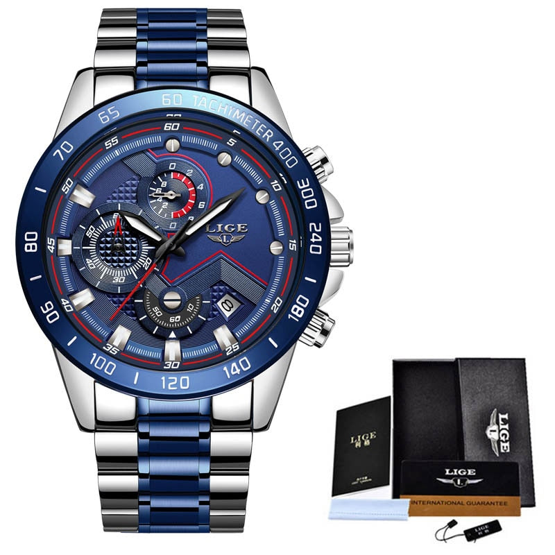 LIGE - 🕰️⌚💪 Reloj deportivo de lujo para hombres 💙💣👨  Cronógrafo de cuarzo y acero inoxidable ⏱️🔧💎  Color azul, estilo militar, a la moda 💙🎖️👨‍✈️  Resistente al agua 💧💦🌊