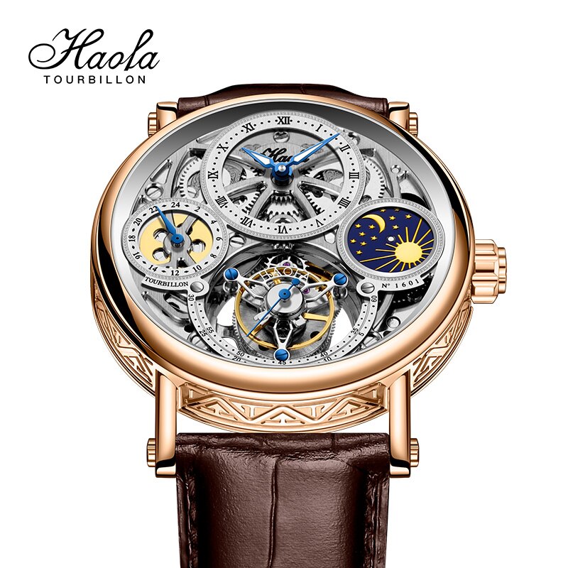 Haofa-Reloj de pulsera con movimiento Tourbillon GMT para hombre, cronógrafo mecánico de zafiro, con carcasa CNC de día y noche, 1601