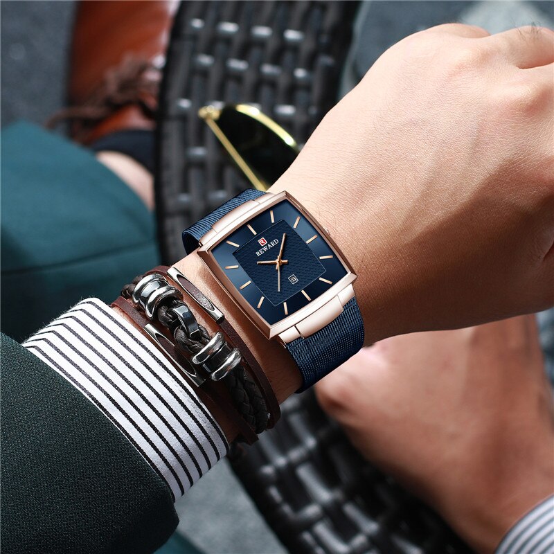 REWARD Reloj de Hombre de Marca Superior 👔 Negocio Relogio Masculino ⌚ Cuadrado de Cuarzo Reloj de Hombre 👨 Pulsera de Acero Completo 💦 Resistente al Agua. Con caja de regalo