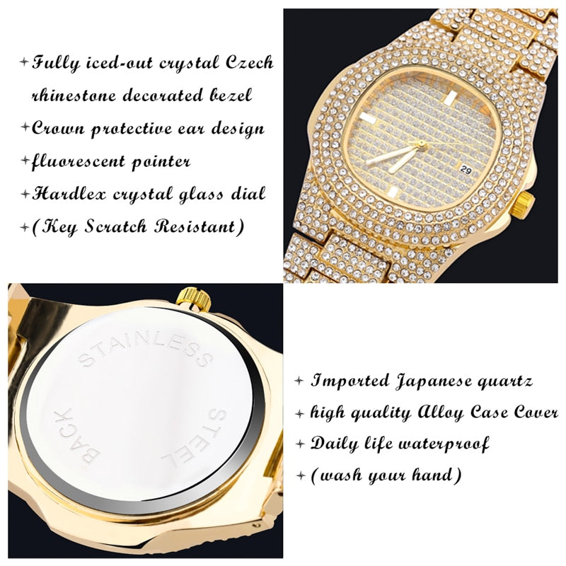 TOPGRILLZ con Incrustaciones en Cuadrante de Color Dorado, Estilo HIP HOP, Cuarzo y Acero Inoxidable con Micropave CZ. Reloj de Moda Relojio."