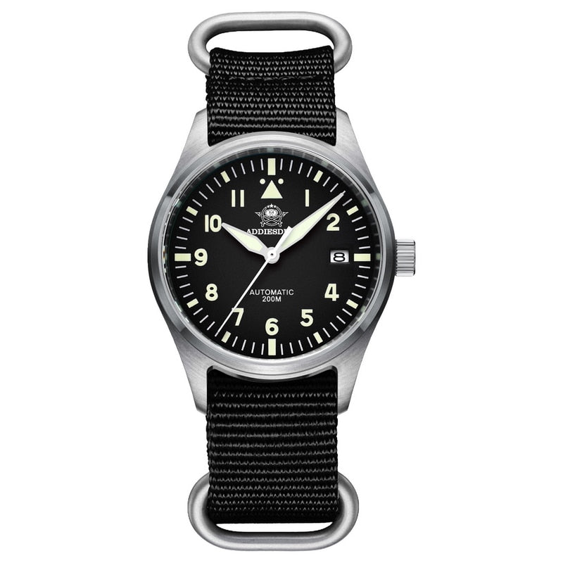 Addies Reloj de buceo mecánico para hombre, pulsera de cuero con cristal de zafiro, reloj de piloto de negocios, NH35, automático, resistente al agua hasta 200M