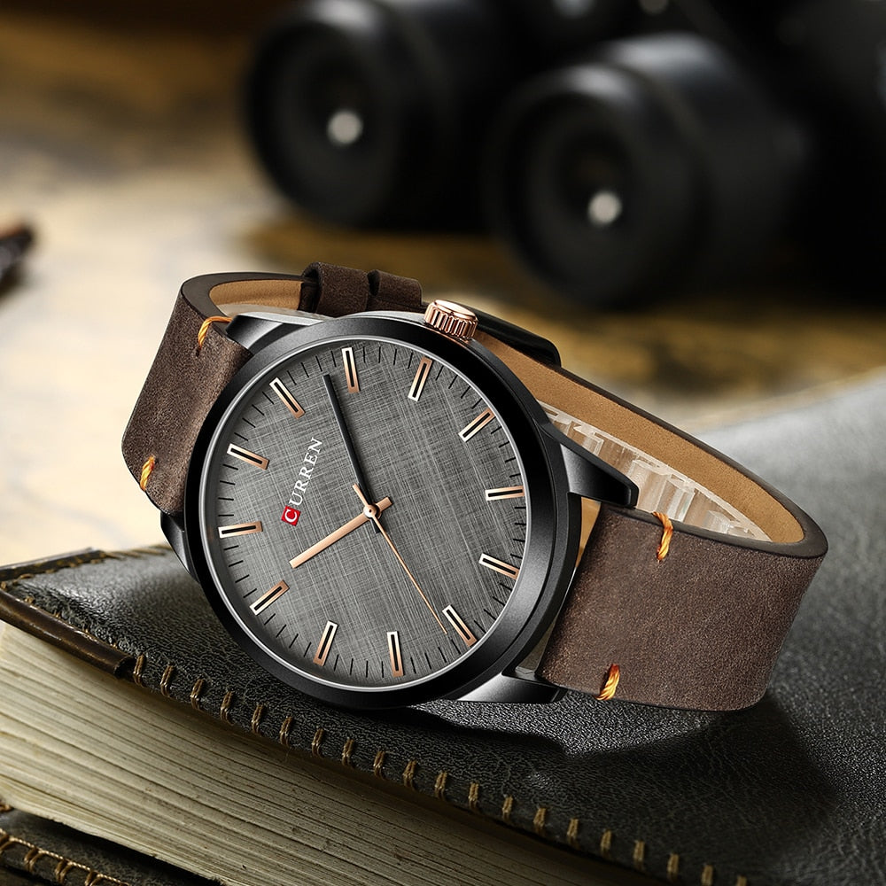 CURREN-Reloj de pulsera de cuarzo para hombre, cronógrafo clásico informal de cuero, color negro, sencillo. CON CAJA DE REGALO
