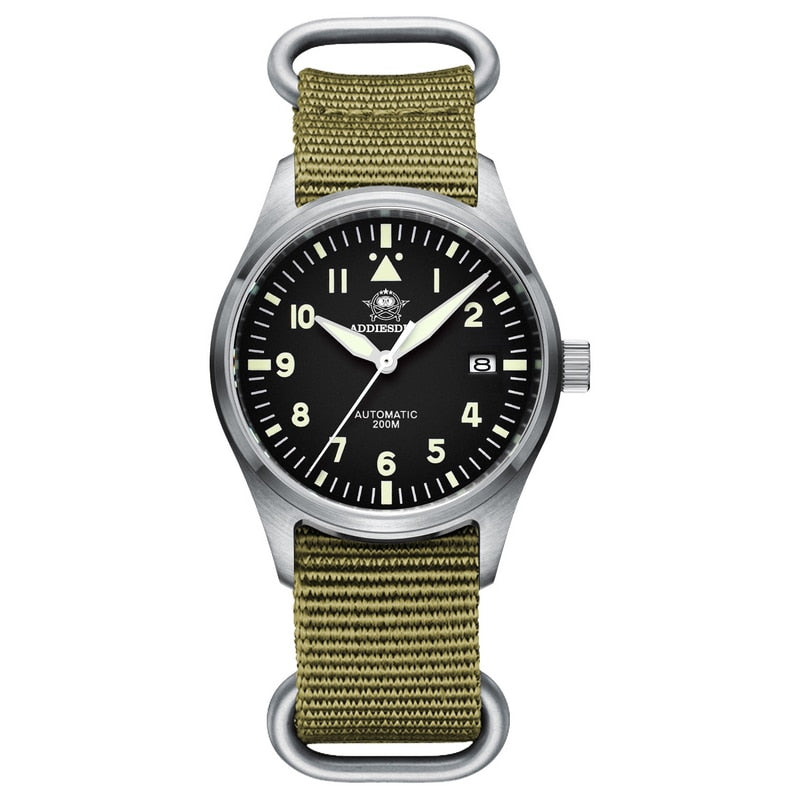 Addies Reloj de buceo mecánico para hombre, pulsera de cuero con cristal de zafiro, reloj de piloto de negocios, NH35, automático, resistente al agua hasta 200M