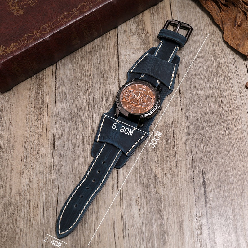 Relojes lujo hombres: cuarzo, dial grande, ver amplia, pulsera cuero, punk, deportiva, regalo.