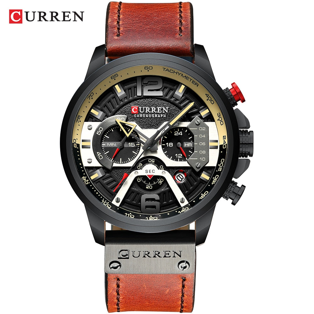 CURREN-relojes para hombre, con estilo informal y militar de lujo, cuenta con un cronógrafo de moda con correa de cuero. Con Caja ideal para regalar.