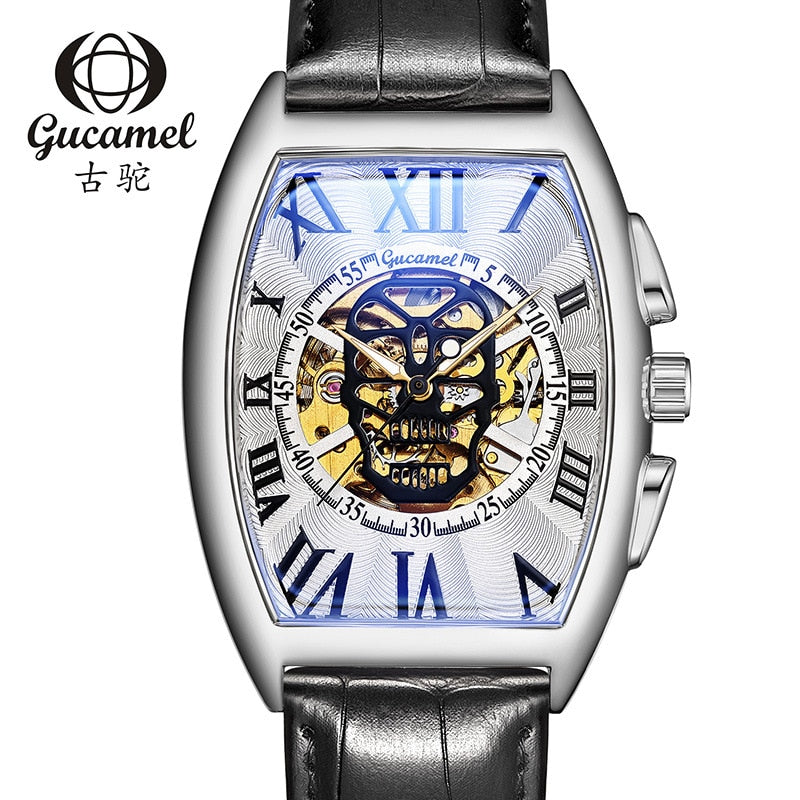 Geekthink Reloj Mecánico Automático Esqueleto Transparente para Hombres con Correa de Cuero Genuino, de Marca de Lujo, Auto Cuerda, Estilo Retro"