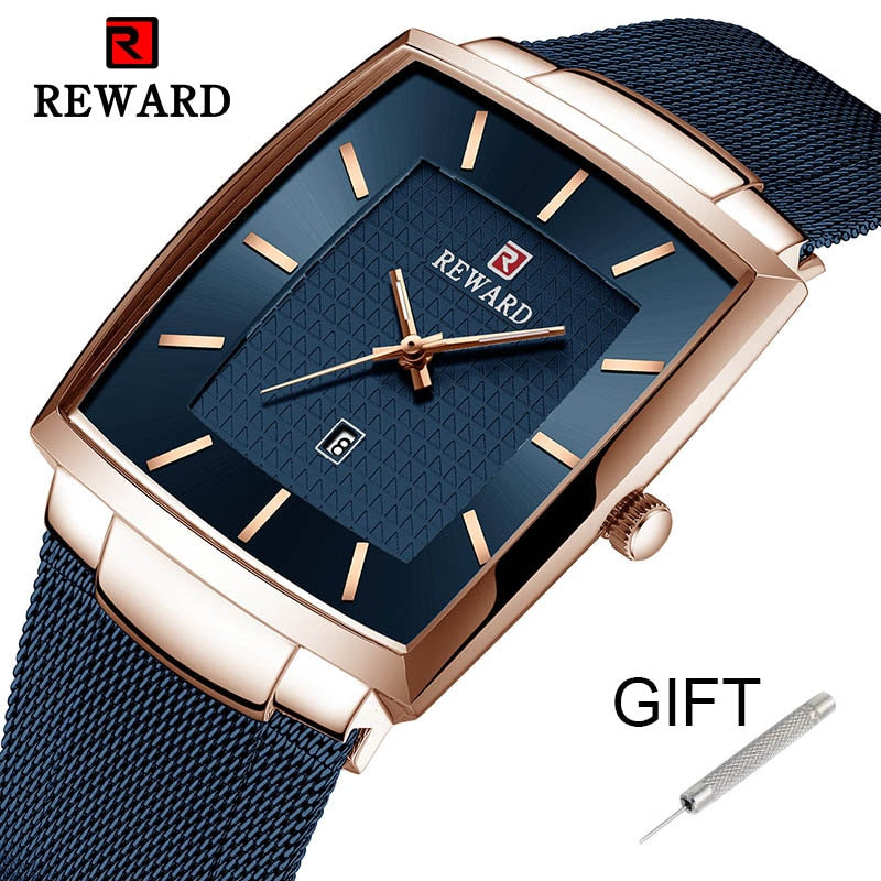REWARD Reloj de Hombre de Marca Superior 👔 Negocio Relogio Masculino ⌚ Cuadrado de Cuarzo Reloj de Hombre 👨 Pulsera de Acero Completo 💦 Resistente al Agua. Con caja de regalo