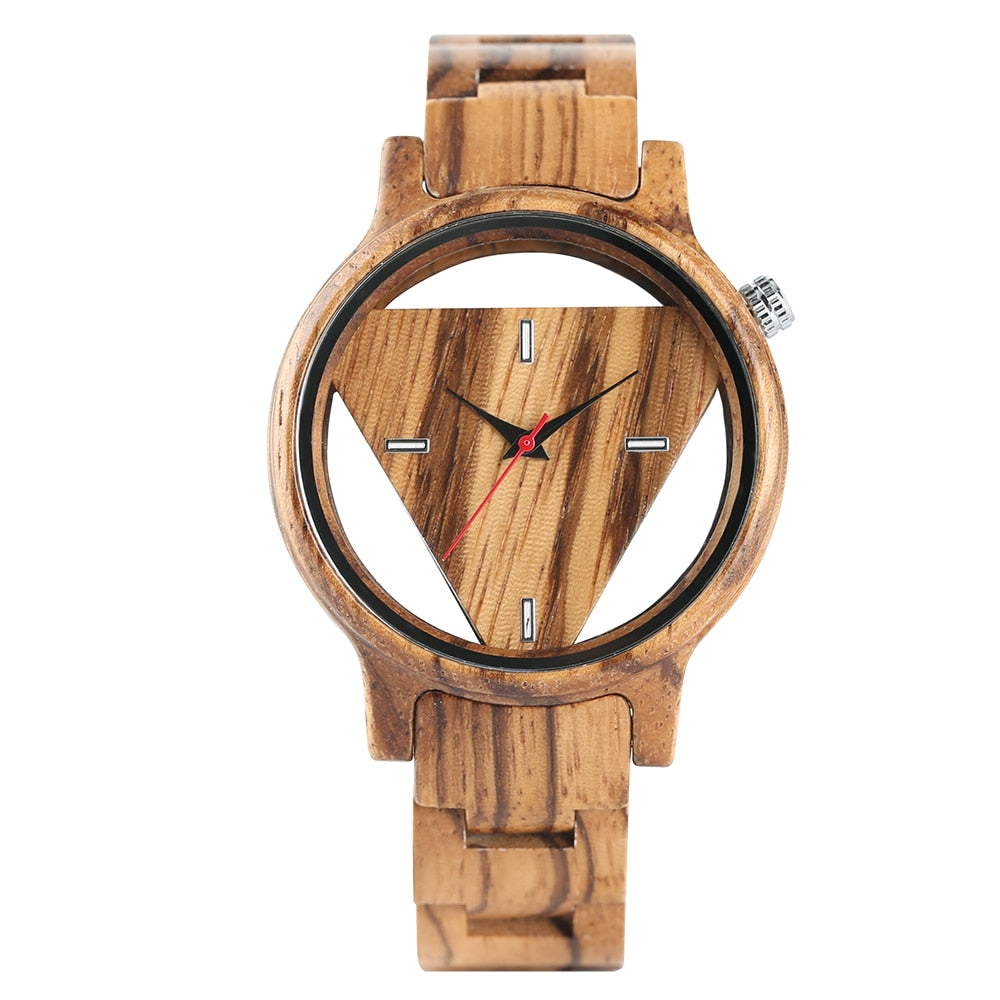 WOOD watch ¡Reloj de Madera Único con Triángulo Geométrico Invertido! Reloj de cuarzo de madera con esfera creativa y hueca. ¡Un diseño original y moderno para hombres! ⌚🔲🌳