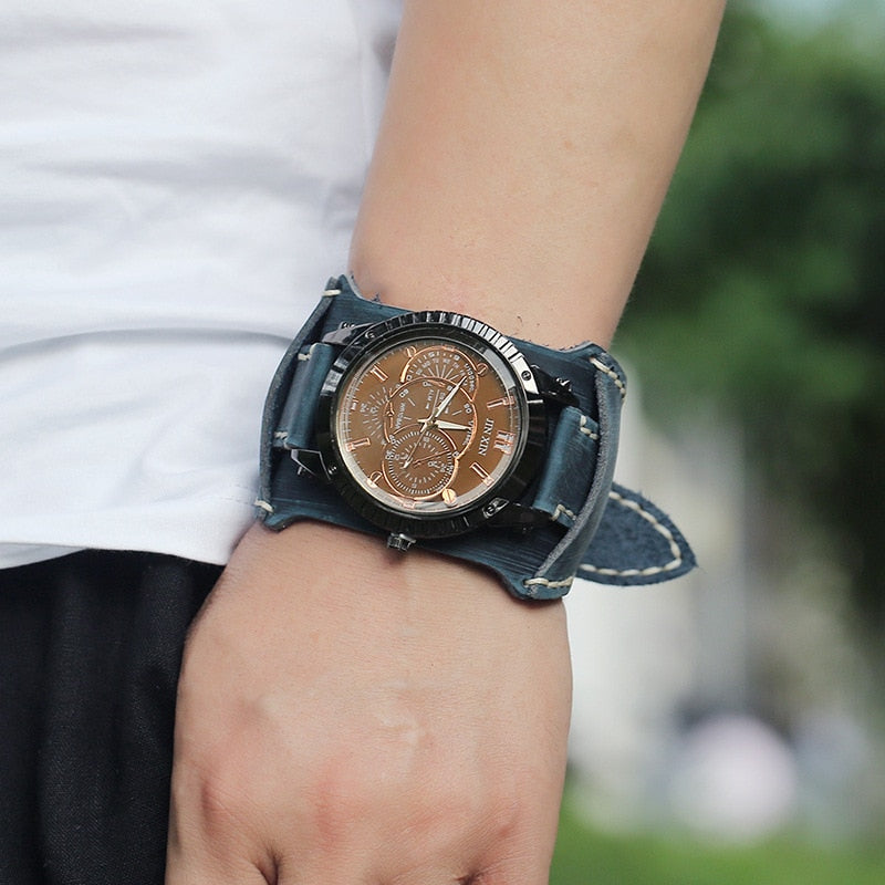 Relojes lujo hombres: cuarzo, dial grande, ver amplia, pulsera cuero, punk, deportiva, regalo.