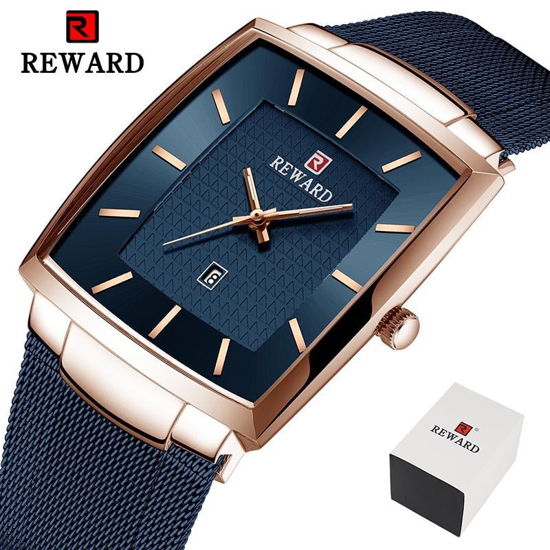 REWARD Reloj de Hombre de Marca Superior 👔 Negocio Relogio Masculino ⌚ Cuadrado de Cuarzo Reloj de Hombre 👨 Pulsera de Acero Completo 💦 Resistente al Agua. Con caja de regalo