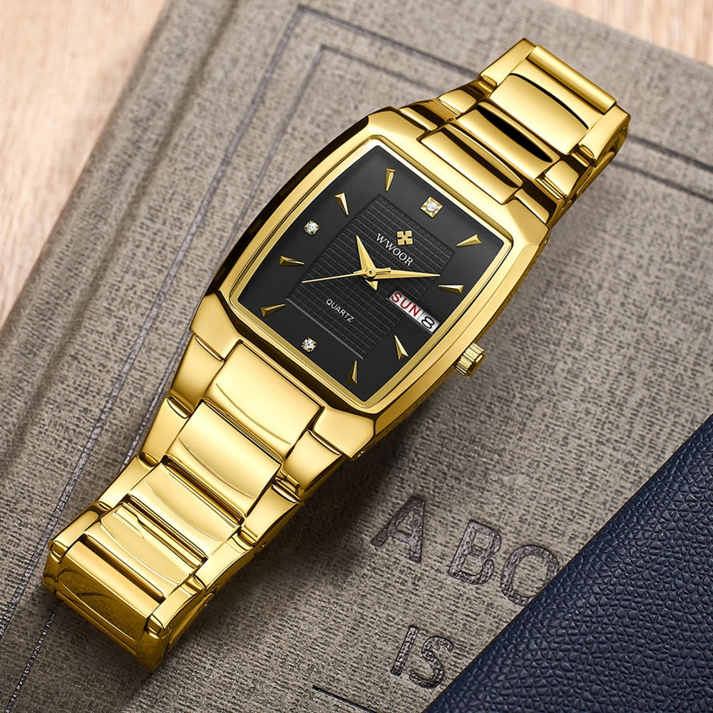 WWOOR ¡Presentamos el "Reloj Dorado de Lujo" para hombres con un nuevo diseño! Fabricado en acero inoxidable, es resistente al agua y cuenta con un calendario y mecanismo de cuarzo. ¡El complemento perfecto para cualquier ocasión! ⌚✨