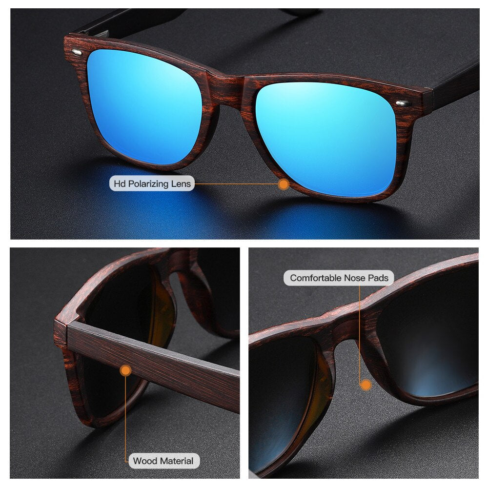 EZREAL 🕶️🌳😎 te presenta sus gafas de sol polarizadas de madera unisex. Lentes con protección UV400 y diseño de montura cuadrada. ¡Estilo y protección para tus ojos! 👓🌞