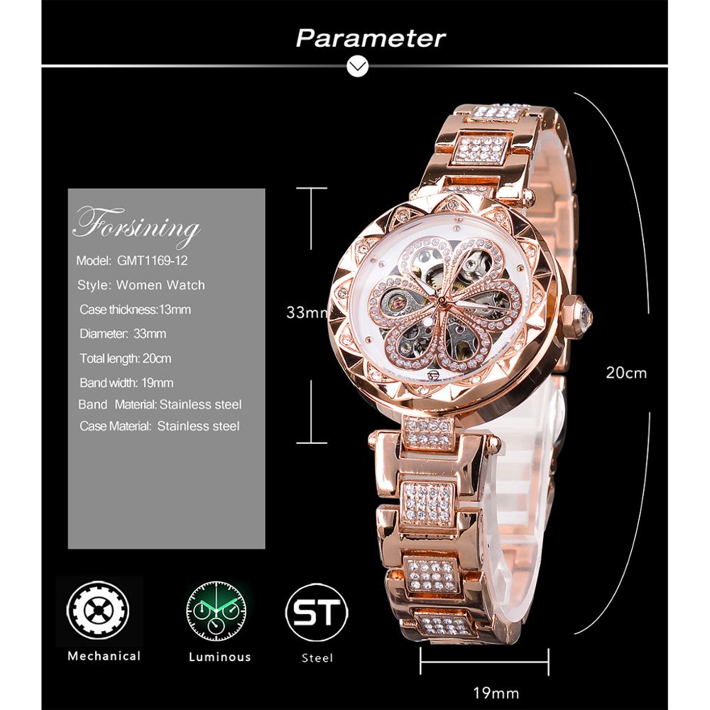 Forsining Reloj mujer, cronógrafo mecánico, resistente al agua, con diamantes y luminoso.