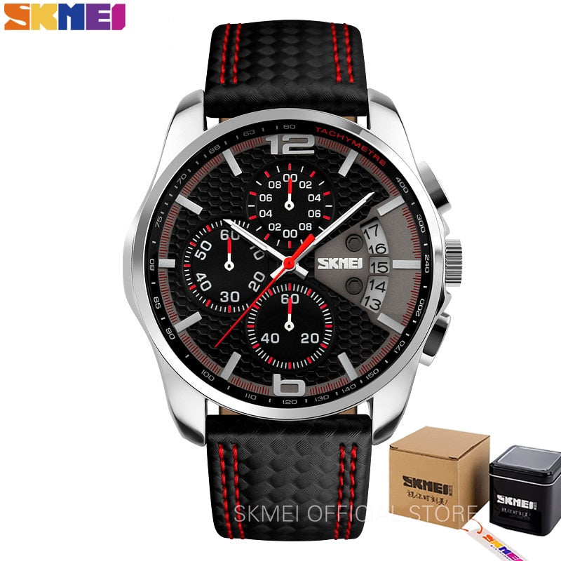 SKMEI Reloj Deportivo de Moda para Hombres, Marca de Lujo, Correa de Cuero, Resistente al Agua 5 Bar, Reloj de Pulsera de Cuarzo, Relogio Masculino 9106.