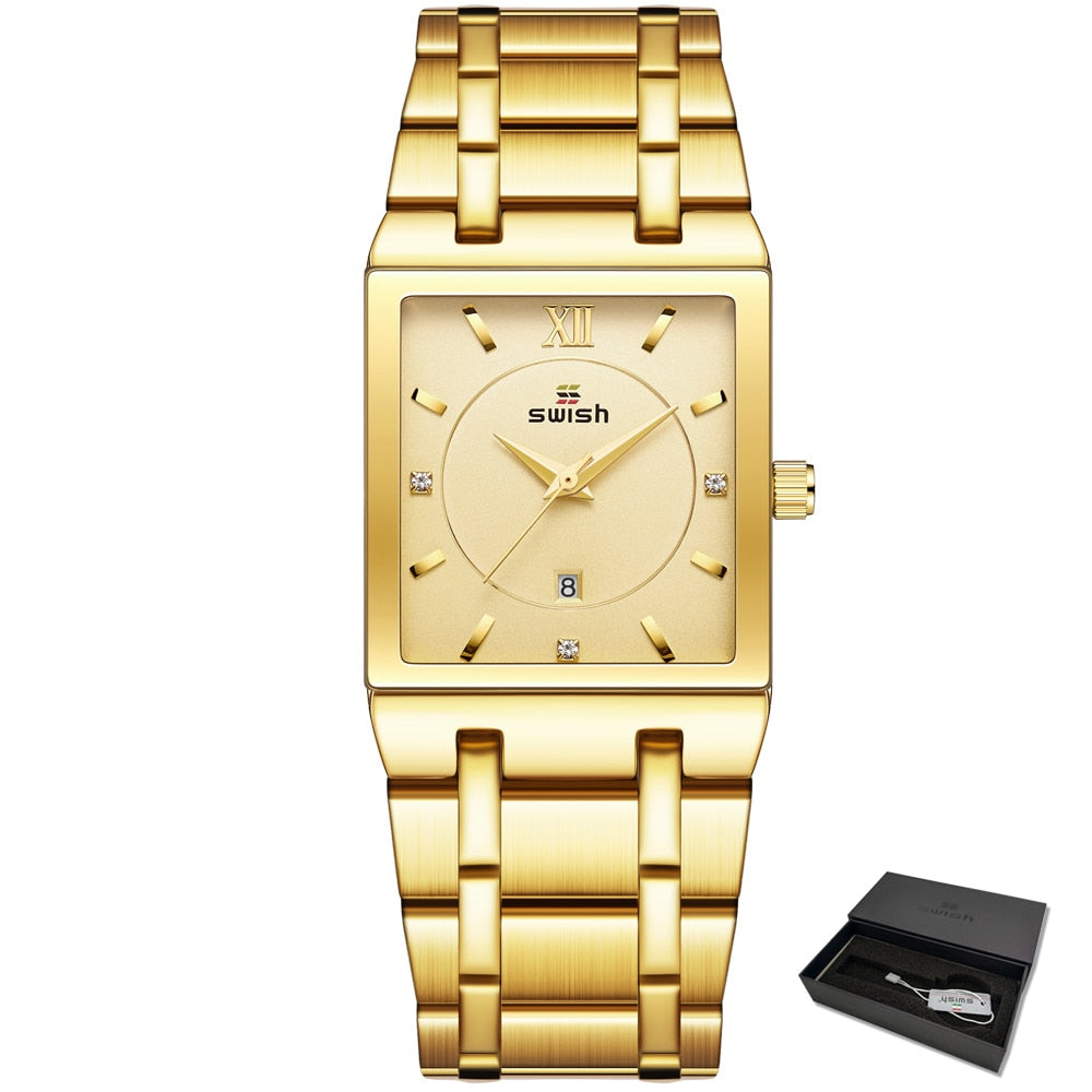 SWISH "Reloj de Pulsera de Lujo para Mujer, Elegante y Dorado. Moda de Reloj Cuadrado con Movimiento de Cuarzo. Reloj Femenino con Diamantes, de Marca Top de Lujo."