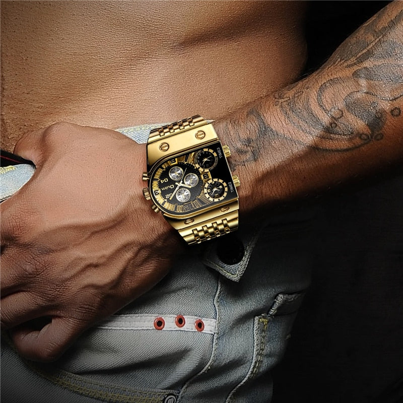 Oulm 🆕⌚️ Reloj de cuarzo para hombres, resistente al agua y estilo militar. Lujo en acero inoxidable dorado. Perfecto para los hombres. 🏅🆎 #RelojDeCuarzo #ResistenteAlAgua #EstiloMilitar #Lujo #AceroInoxidableDorado #RelojMasculino