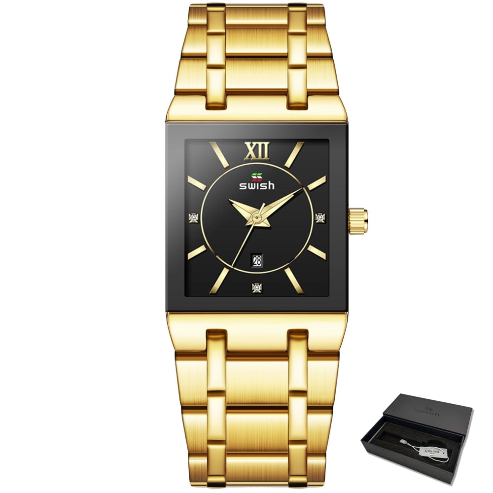 SWISH "Reloj de Pulsera de Lujo para Mujer, Elegante y Dorado. Moda de Reloj Cuadrado con Movimiento de Cuarzo. Reloj Femenino con Diamantes, de Marca Top de Lujo."