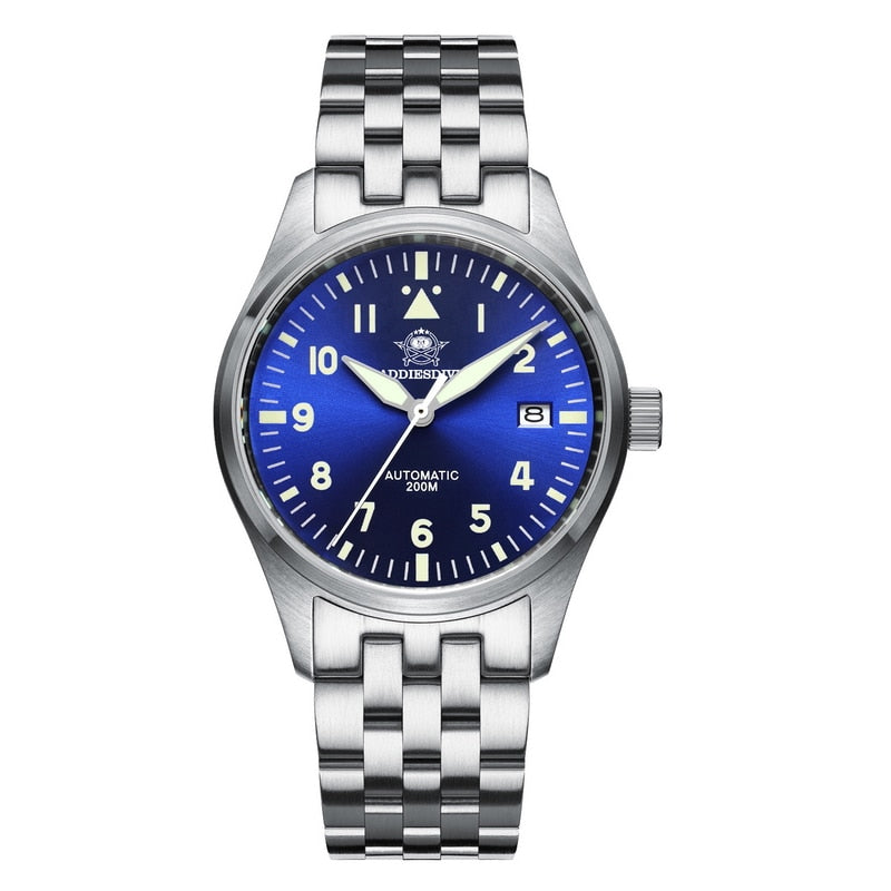 Addies Reloj de buceo mecánico para hombre, pulsera de cuero con cristal de zafiro, reloj de piloto de negocios, NH35, automático, resistente al agua hasta 200M