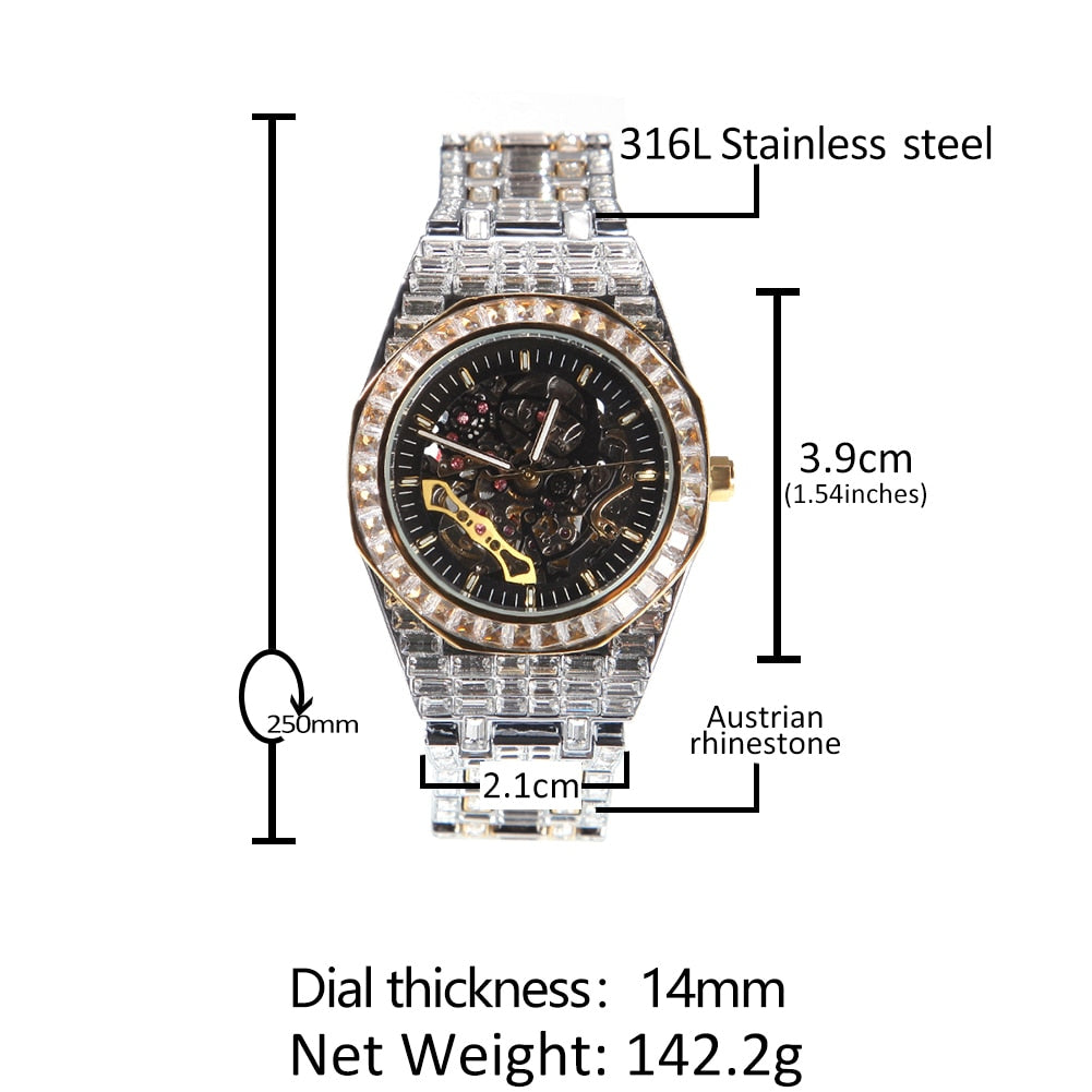 Uwin-reloj HIP- HOP totalmente mecánico de acero inoxidable para hombre, resistente al agua, con diamantes minimalistas, diseño clásico