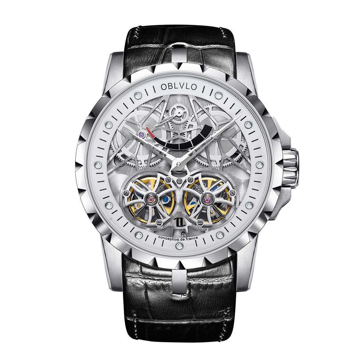 OBLVLO lujo transparente hueco esqueleto relojes automáticos para hombres deporte mecánico doble volante piel de becerro cuero zafiro