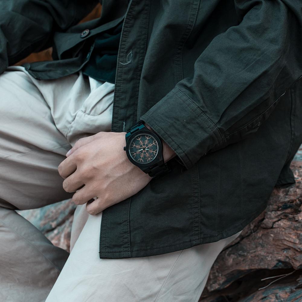 BOBO BIRD- COLECCION RUNA NORDICA  Reloj de pulsera de madera para hombre, cronógrafo de cuarzo con círculo rúnico, timón dorado, Vegvisir, a la moda, gran caja de regalo