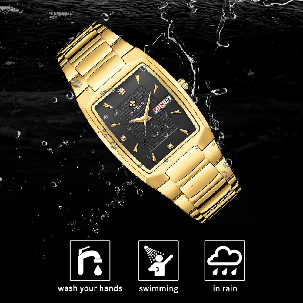WWOOR ¡Presentamos el "Reloj Dorado de Lujo" para hombres con un nuevo diseño! Fabricado en acero inoxidable, es resistente al agua y cuenta con un calendario y mecanismo de cuarzo. ¡El complemento perfecto para cualquier ocasión! ⌚✨