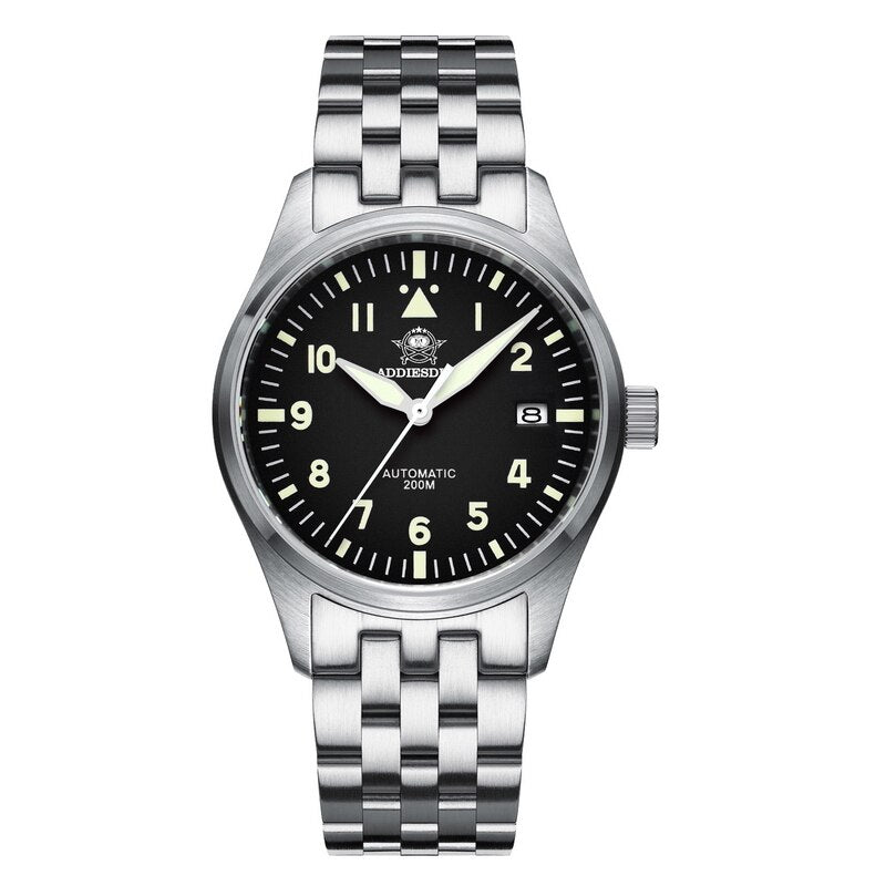 Addies Reloj de buceo mecánico para hombre, pulsera de cuero con cristal de zafiro, reloj de piloto de negocios, NH35, automático, resistente al agua hasta 200M