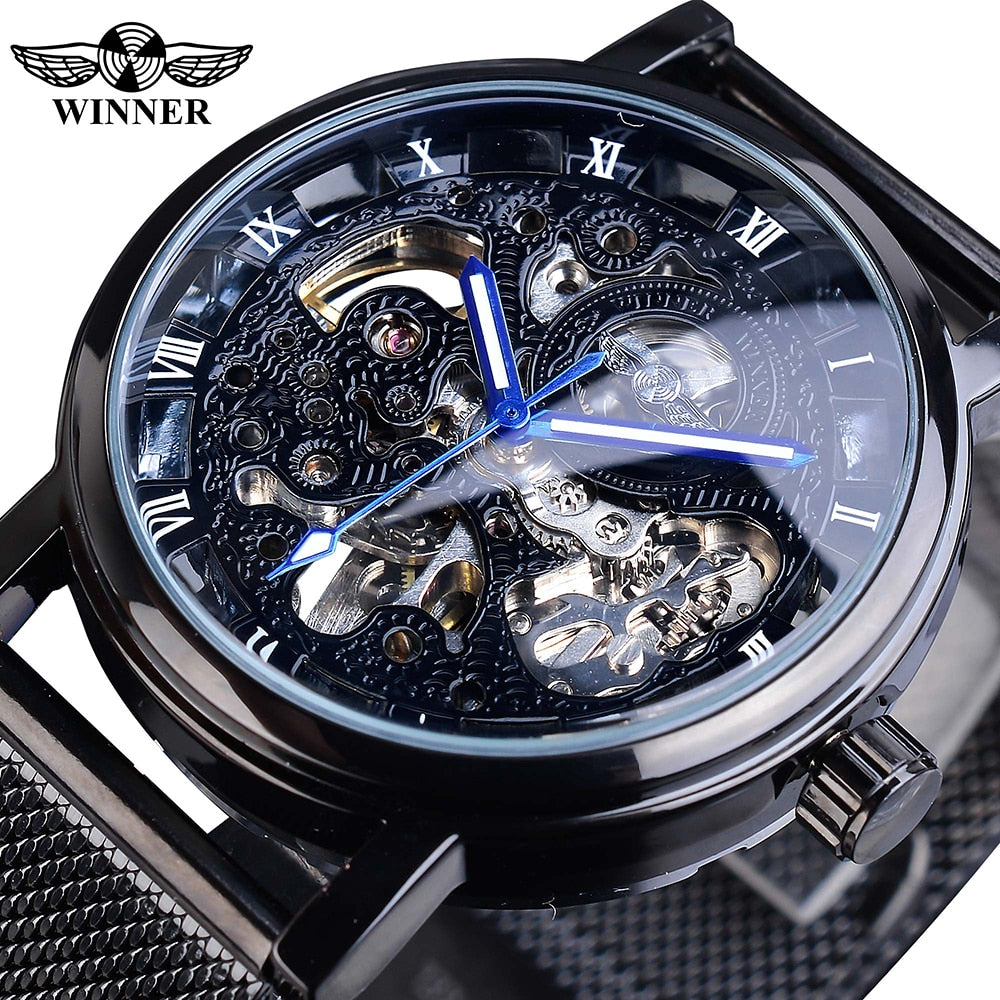 Winner ⌚  impresionante Reloj de Hombre con Caja Dorada Transparente, HERMOSA COLECCION Diseño Casual de Lujo y Correa de Cuero Marrón 🕶️ Reloj Mecánico Esqueleto de Marca Top de Lujo 🌟