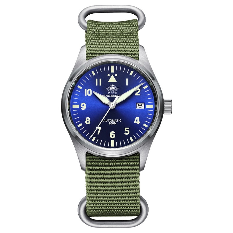 Addies Reloj de buceo mecánico para hombre, pulsera de cuero con cristal de zafiro, reloj de piloto de negocios, NH35, automático, resistente al agua hasta 200M