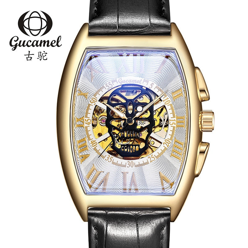Geekthink Reloj Mecánico Automático Esqueleto Transparente para Hombres con Correa de Cuero Genuino, de Marca de Lujo, Auto Cuerda, Estilo Retro"