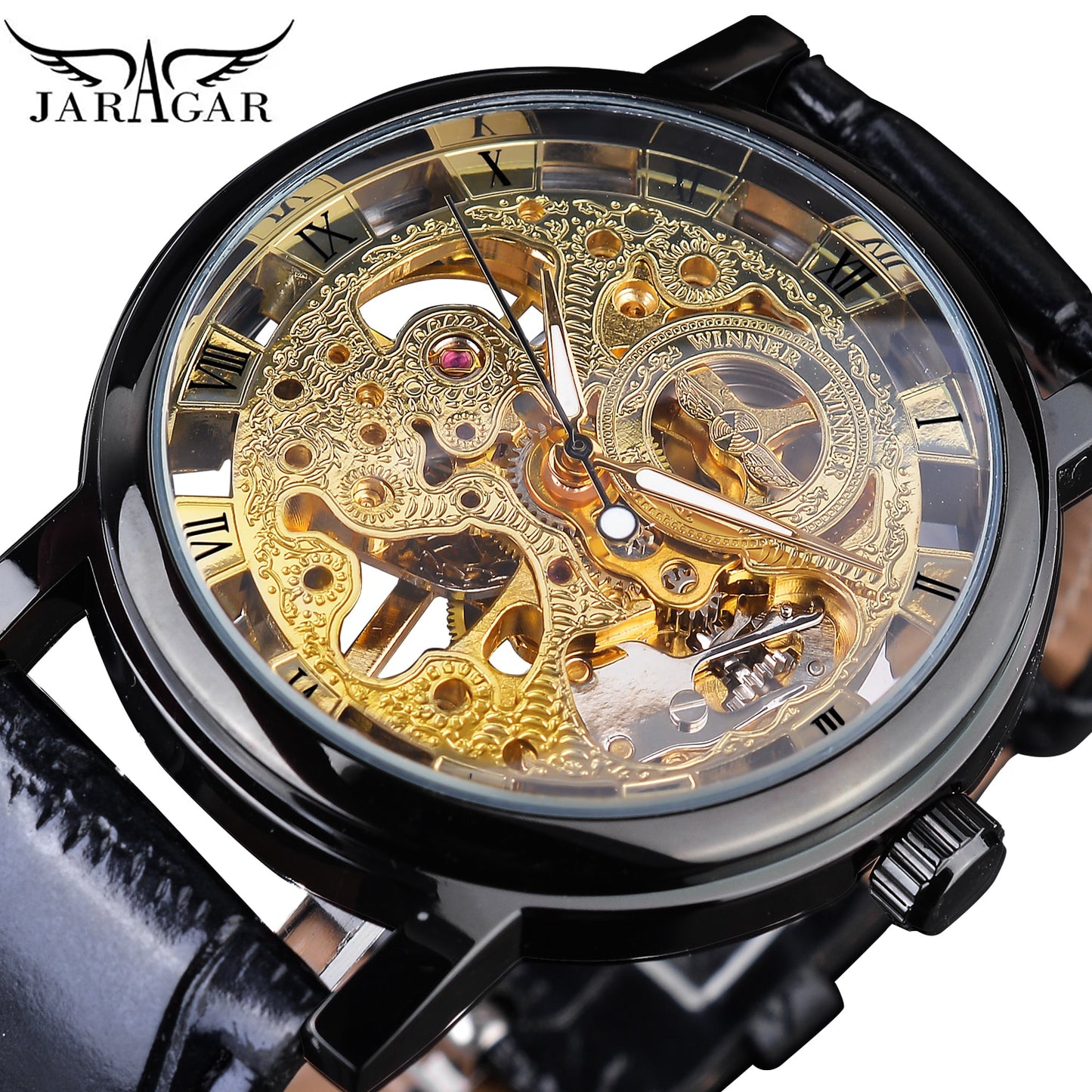 Winner ⌚  impresionante Reloj de Hombre con Caja Dorada Transparente, HERMOSA COLECCION Diseño Casual de Lujo y Correa de Cuero Marrón 🕶️ Reloj Mecánico Esqueleto de Marca Top de Lujo 🌟