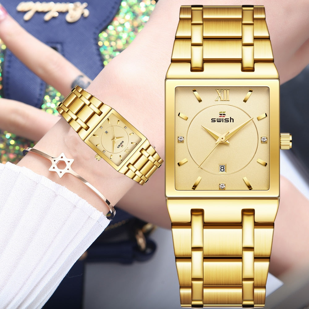 SWISH "Reloj de Pulsera de Lujo para Mujer, Elegante y Dorado. Moda de Reloj Cuadrado con Movimiento de Cuarzo. Reloj Femenino con Diamantes, de Marca Top de Lujo."