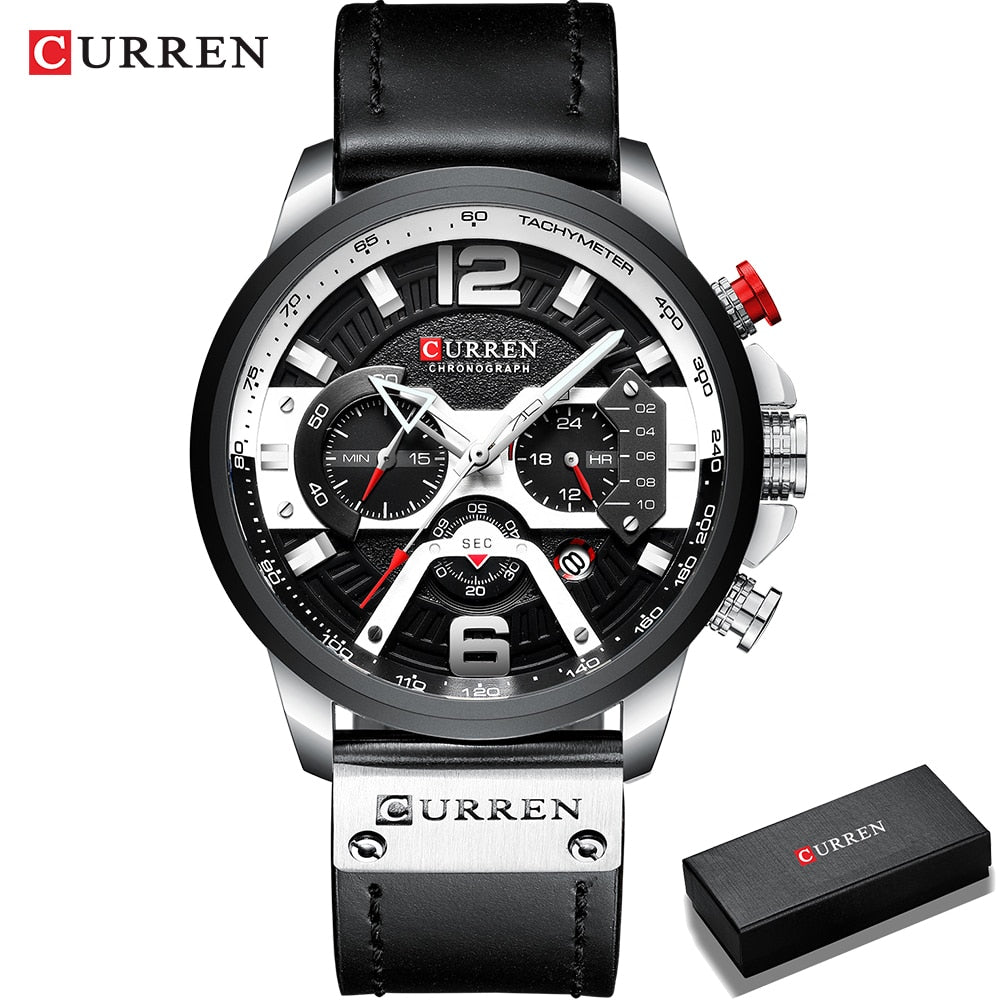 CURREN-relojes para hombre, con estilo informal y militar de lujo, cuenta con un cronógrafo de moda con correa de cuero. Con Caja ideal para regalar.