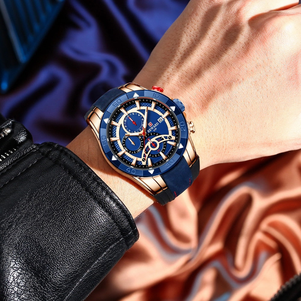 REWARD Fashion Blue Men Watches! ⌚️💦 Marca de lujo con cronógrafo, resistente al agua, y esfera grande. 💙🏆 Reloj de cuarzo deportivo para hombres, ¡novedad de 2023! 🆕👨‍🎤
