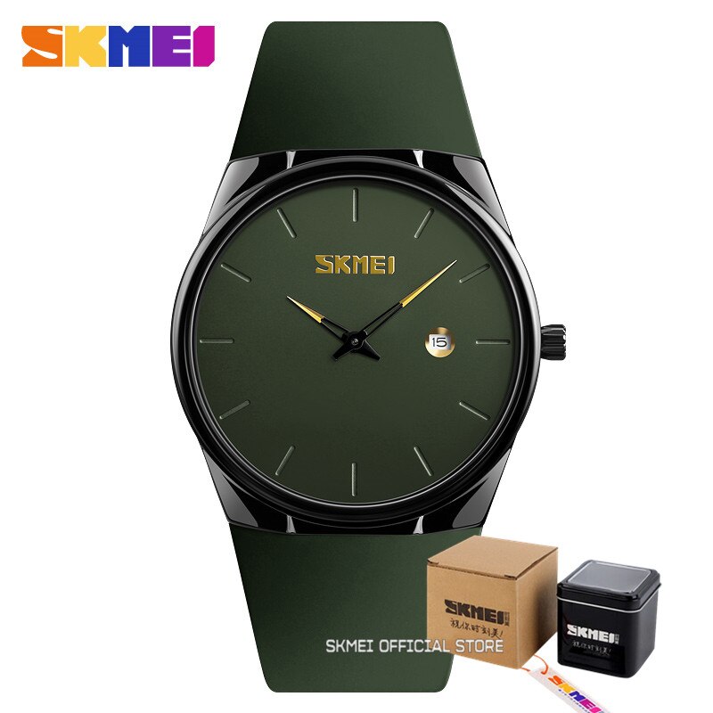 SKMEI para Hombres y Mujeres Reloj de moda con correa de PU resistente al agua y esfera pequeña en color verde militar. ¡Un reloj elegante y funcional para ambos!  VIENE CON CAJA⌚💧🌿