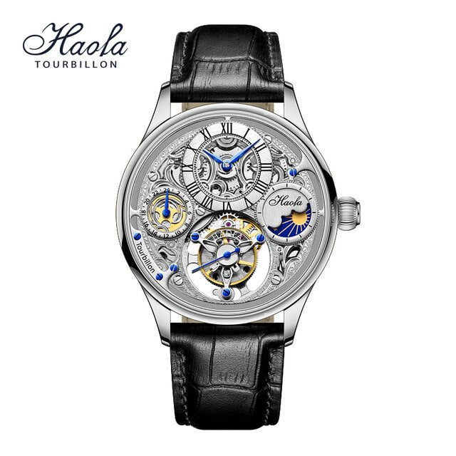 HAOFA-reloj mecánico con movimiento Tourbillon para hombre, cronógrafo con esqueleto Manual, zafiro, GMT Moonphase,