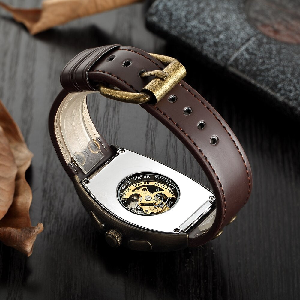 Geekthink Reloj Mecánico Automático Esqueleto Transparente para Hombres con Correa de Cuero Genuino, de Marca de Lujo, Auto Cuerda, Estilo Retro"