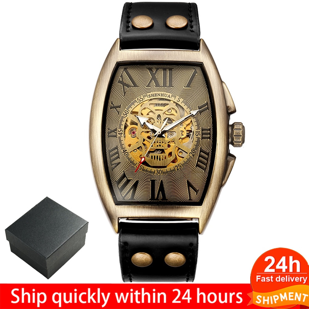 Geekthink Reloj Mecánico Automático Esqueleto Transparente para Hombres con Correa de Cuero Genuino, de Marca de Lujo, Auto Cuerda, Estilo Retro"