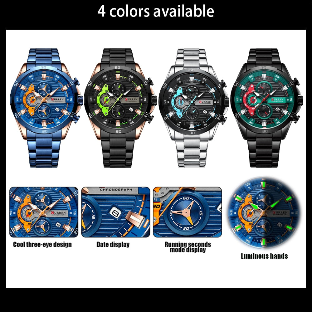 CURREN Sport Watch para hombre, cronógrafo cuarzo, agua resistente, lujo, acero inoxidable, luminoso.