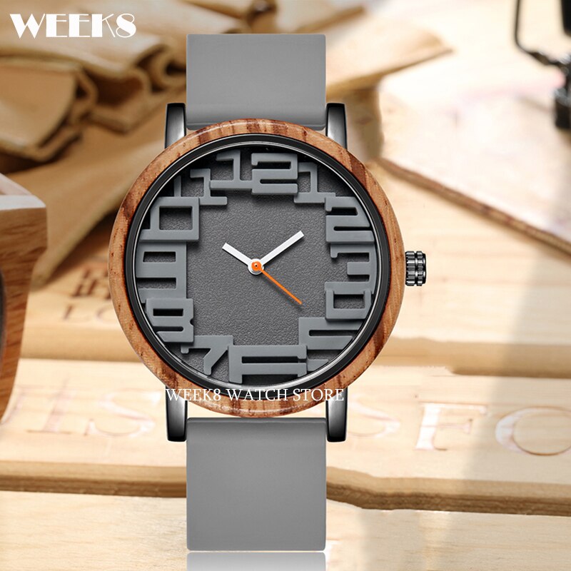 Reloj de madera de bambú para hombre y mujer, pulsera con números, banda de silicona, diseño Simple