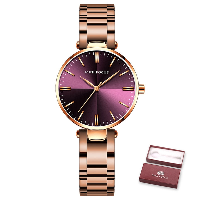MINIFOUCS-relojes sencillos de acero para mujer, pulsera de cuarzo púrpura, resistente al agua, marca de lujo.