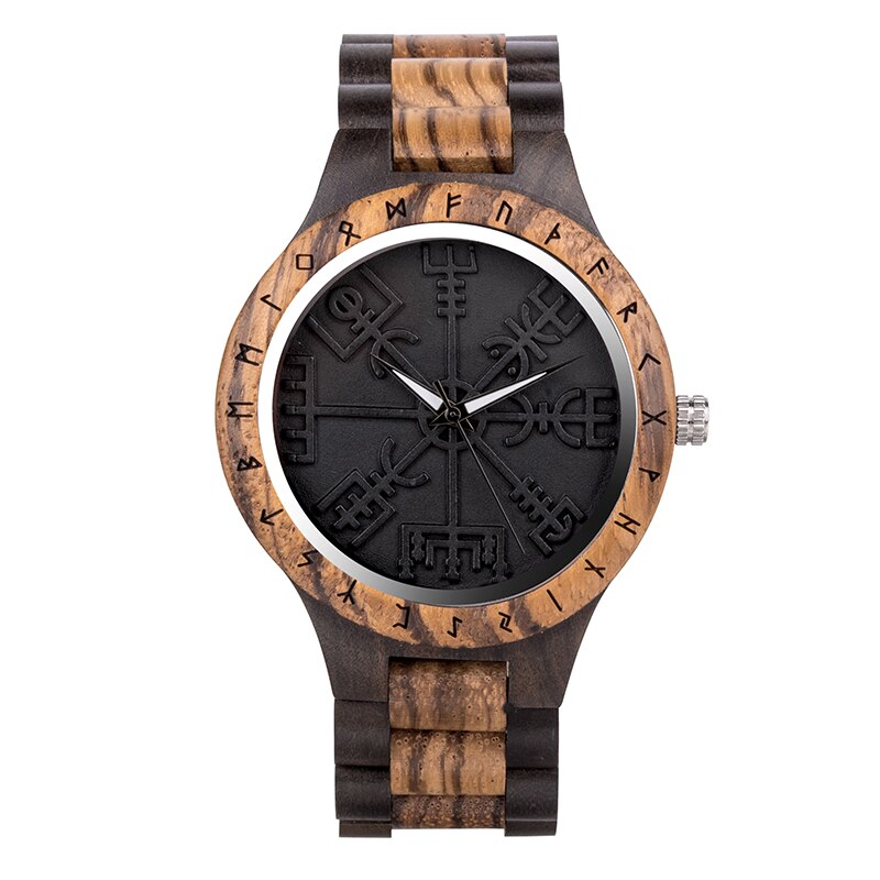 BOBO BIRD- COLECCION RUNA NORDICA  Reloj de pulsera de madera para hombre, cronógrafo de cuarzo con círculo rúnico, timón dorado, Vegvisir, a la moda, gran caja de regalo